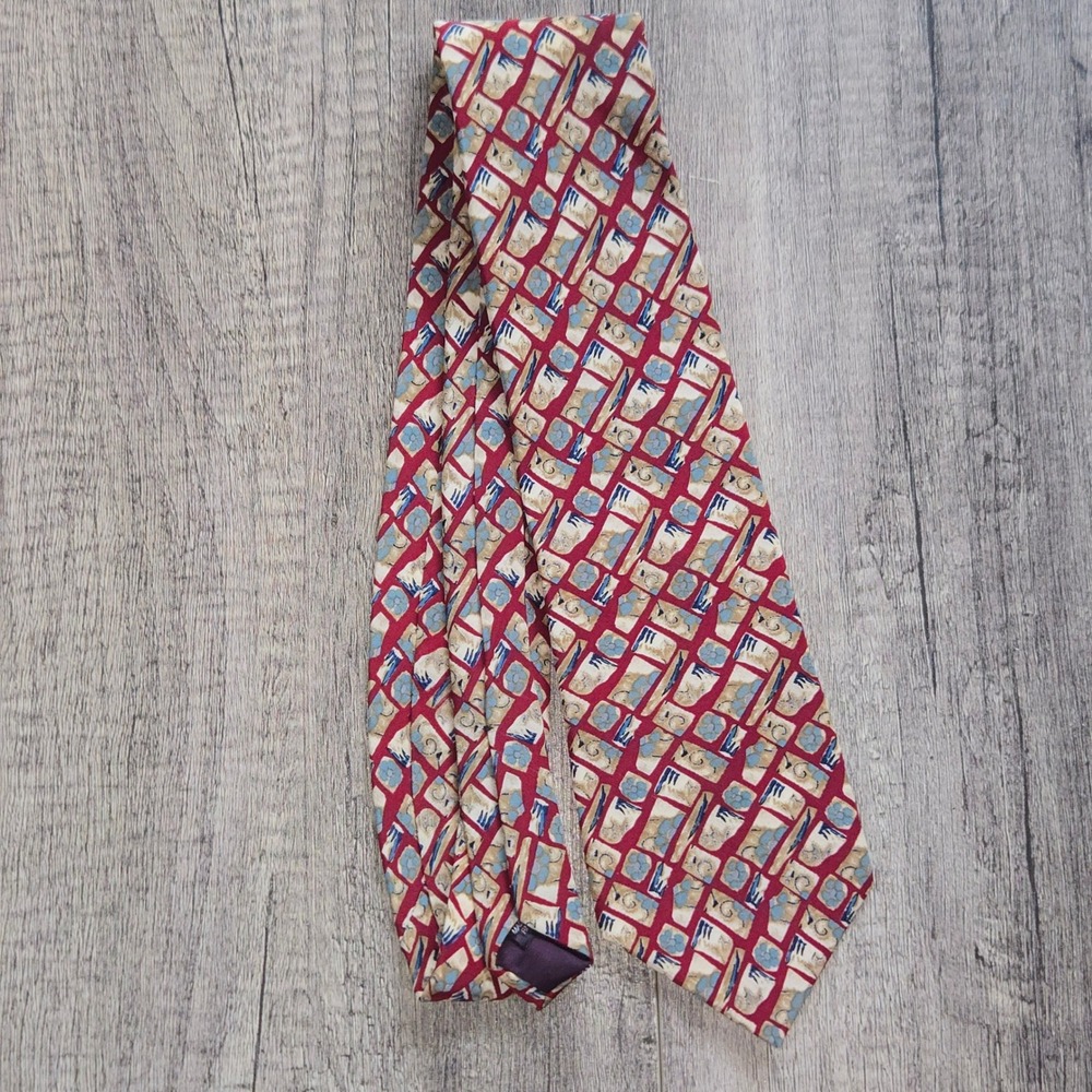 J Garcia Mens Silk Necktie Red Abstract Geometric Floral Art Tie Made in USA